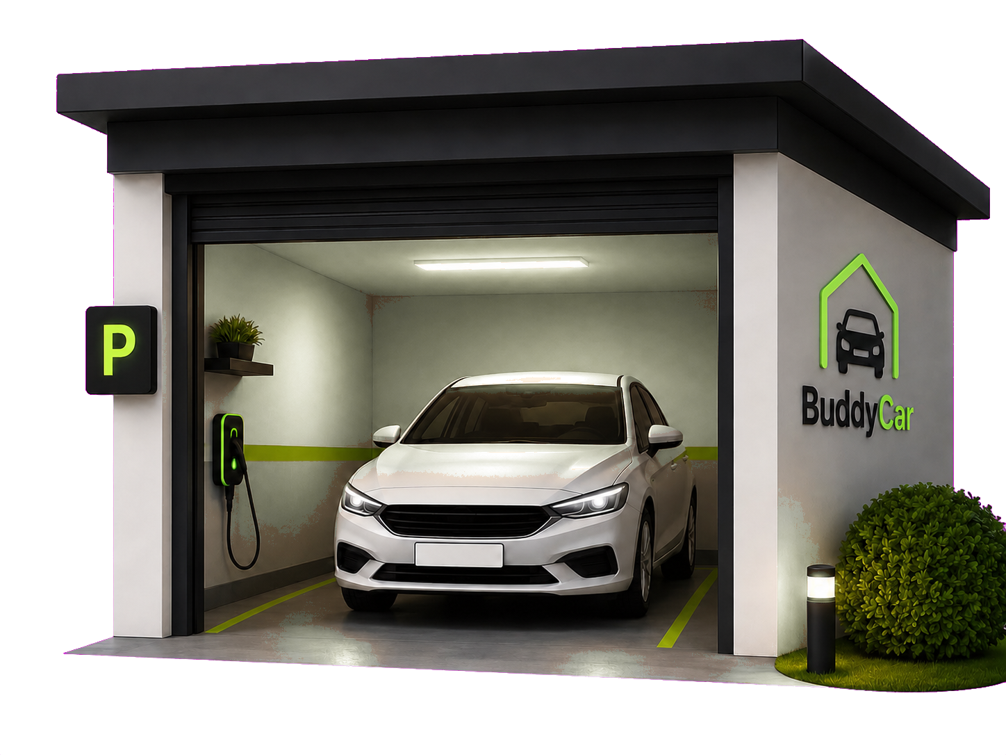 Ilustração de uma garagem BuddyCar moderna com carro estacionado